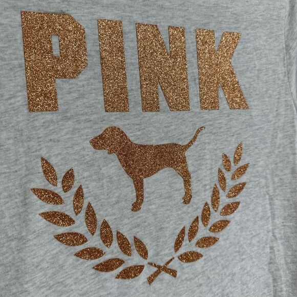 PINK Victorias Secret Rosegold Gray Glitter Logo T-Shirt Small - Picture 2 of 5